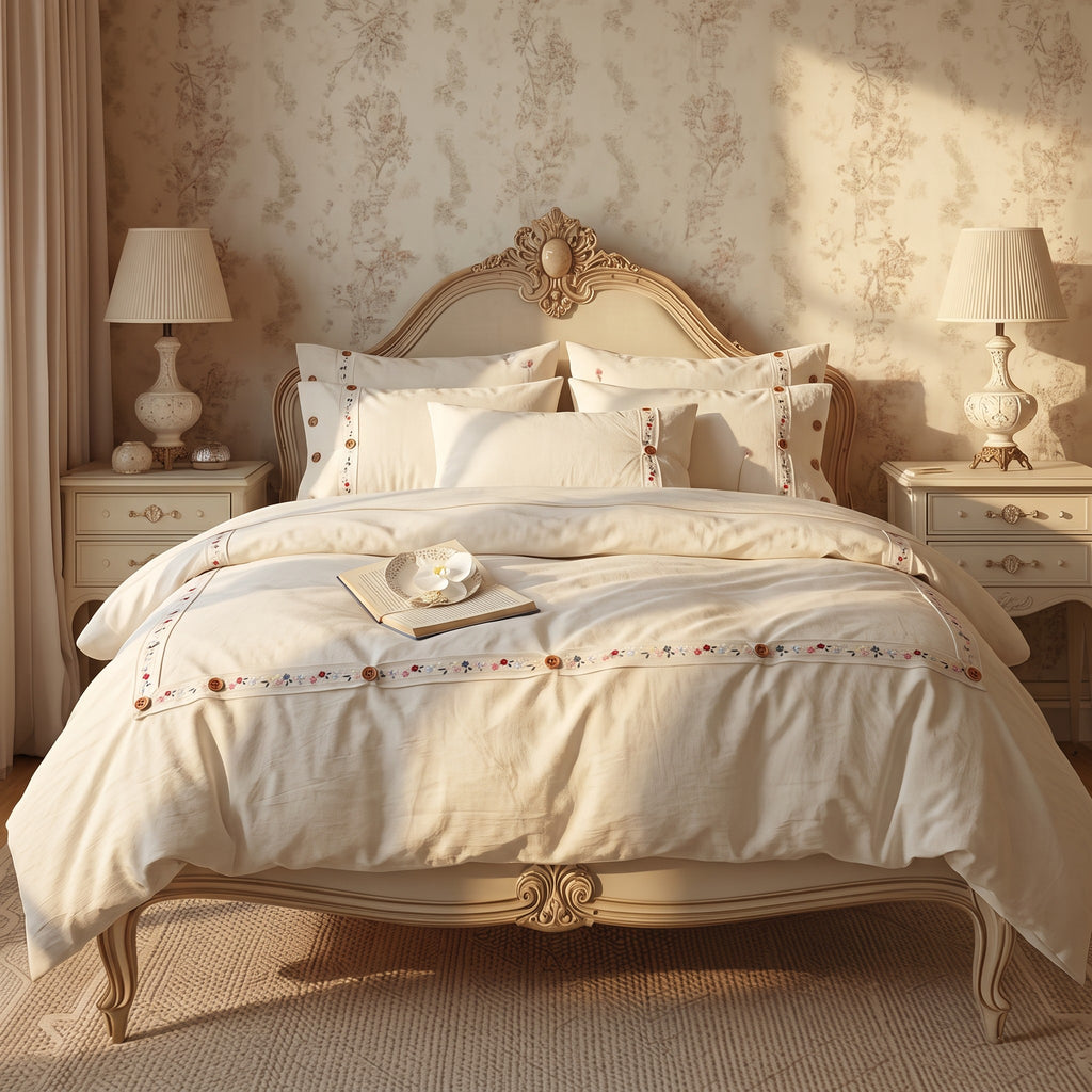 French Vintage Embroidered Duvet Cover Set – Cream White Bedding with Pillowcases