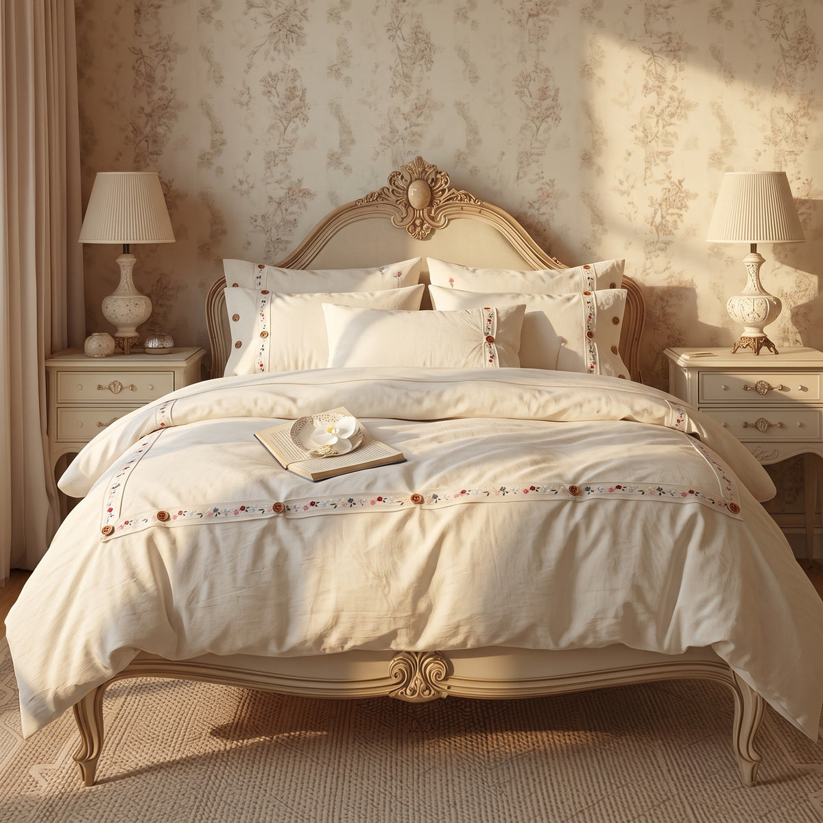 French Vintage Embroidered Duvet Cover Set – Cream White Bedding with Pillowcases