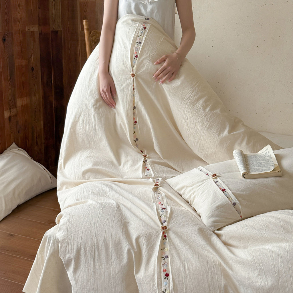French Vintage Embroidered Duvet Cover Set – Cream White Bedding with Pillowcases