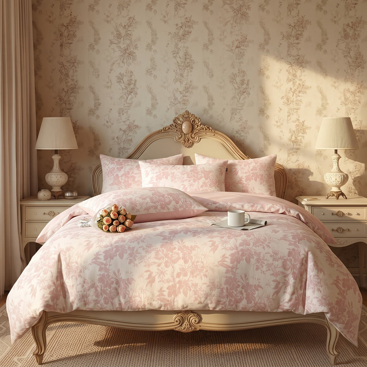 Pink Floral French Country Duvet Cover Set – Dreamy Cottage Bedding with Pillowcases
