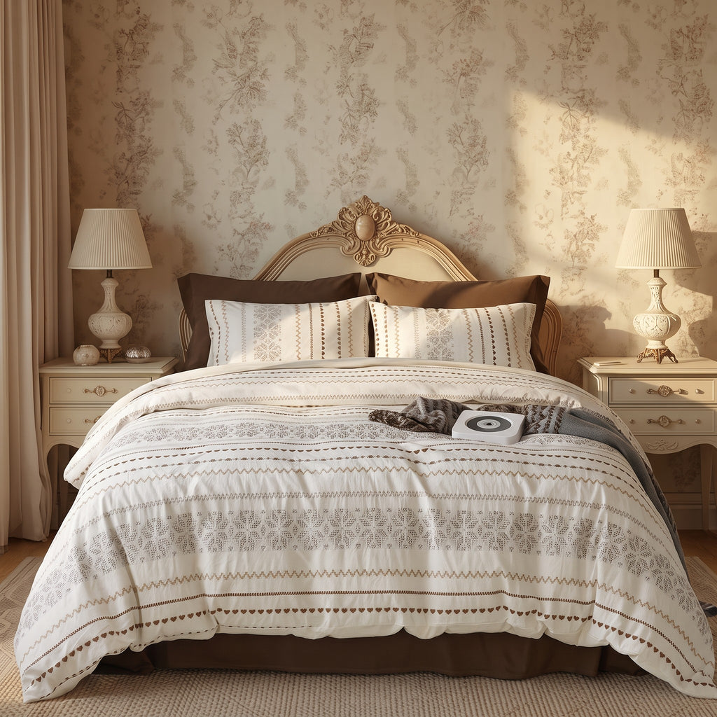 Embroidered Vintage Farmhouse Duvet Cover Set – Cream & Brown Bedding with Pillowcases