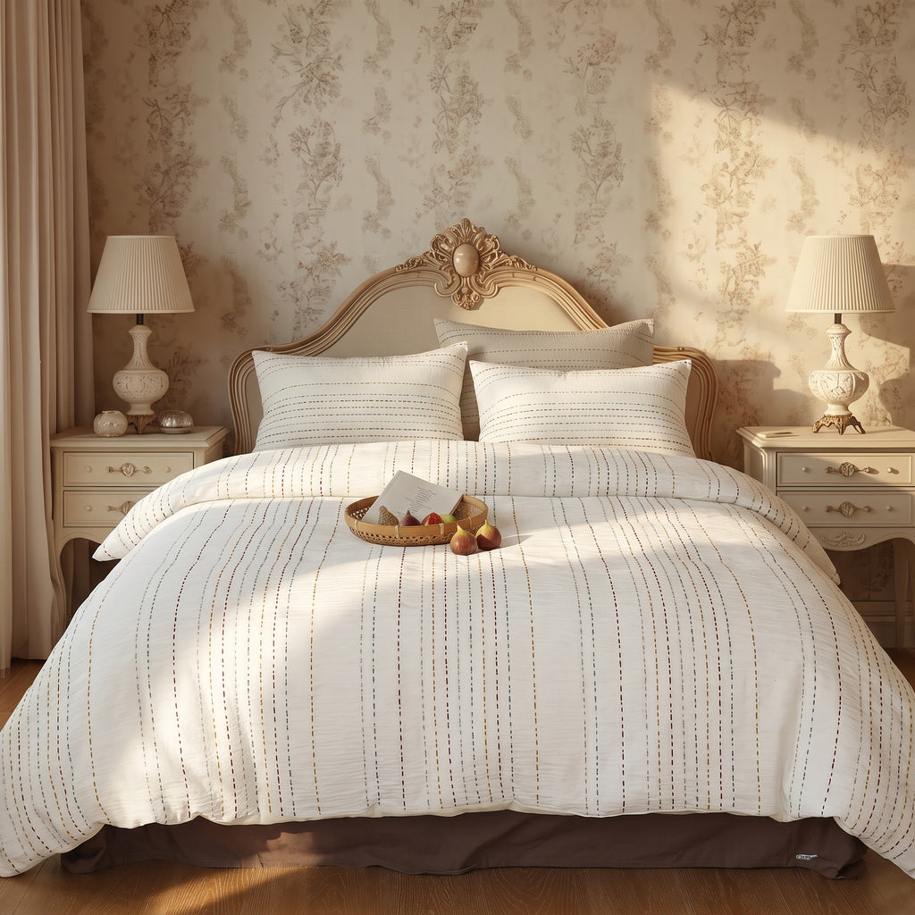 Elegant Cream White Striped Duvet Cover Set – Multicolor Accent Bedding with Pillowcases