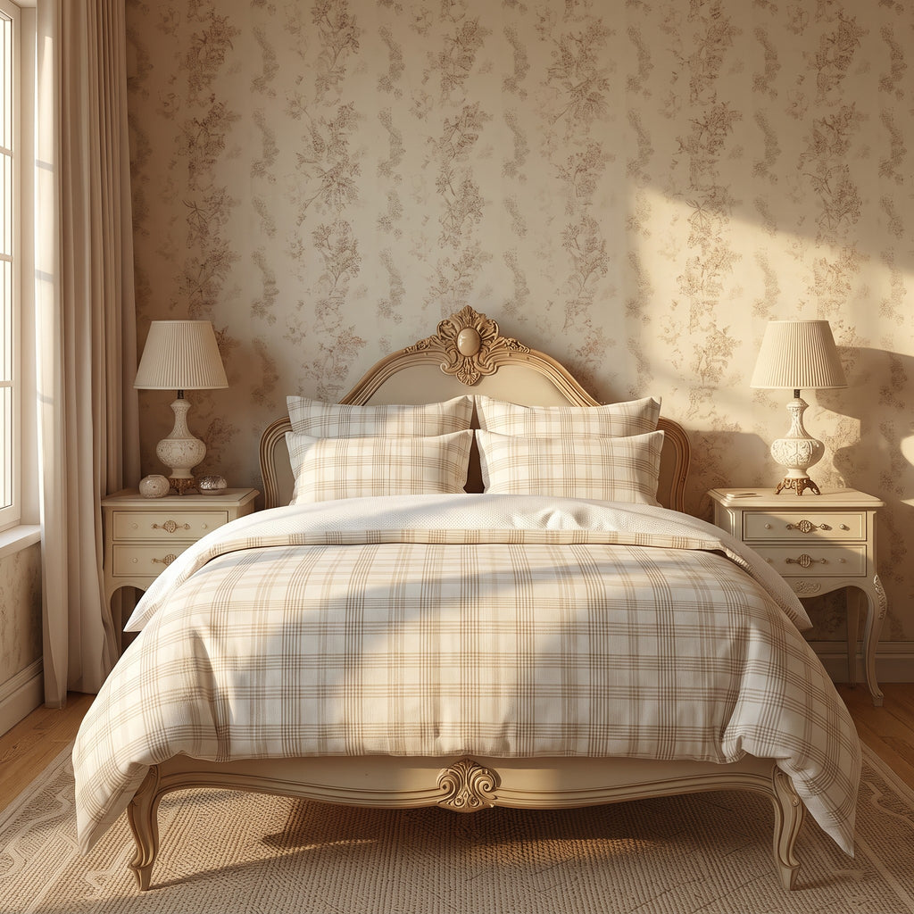 French Country Gingham Duvet Cover Set – Cream & Tan Plaid Bedding with Pillowcases