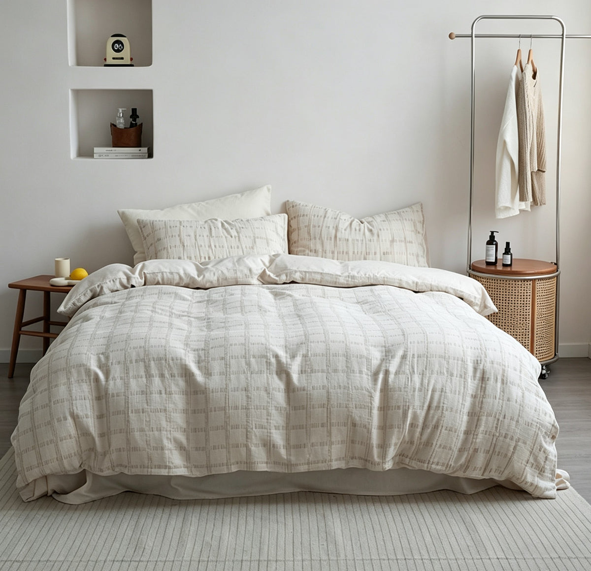 French Country Gingham Duvet Cover Set – Cream & Tan Plaid Bedding with Pillowcases