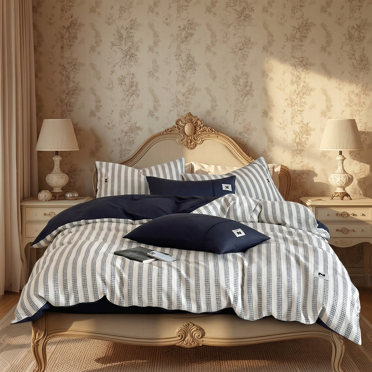 Navy Blue & White Stripe Duvet Cover Set – Classic Coastal Bedding with Pillowcases