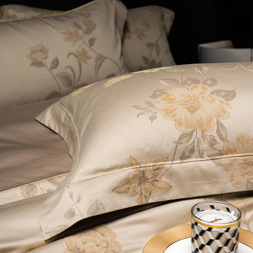 Champagne Gold Floral Duvet Cover Set – Luxury Elegant Bedding with Pillowcases