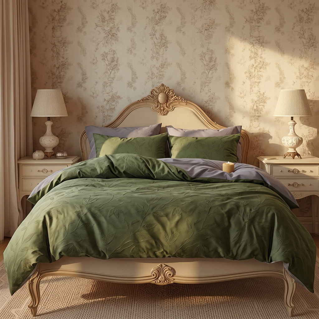 Olive Green Leaf Print Duvet Cover Set – Vintage European Bedding with Pillowcases