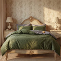 Olive Green Leaf Print Duvet Cover Set – Vintage European Bedding with Pillowcases