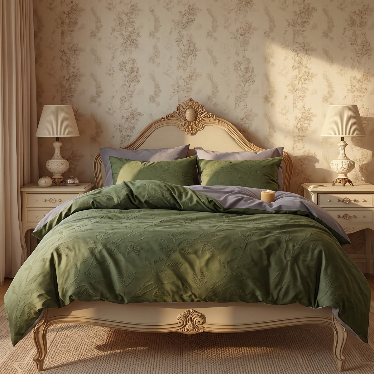 Olive Green Leaf Print Duvet Cover Set – Vintage European Bedding with Pillowcases