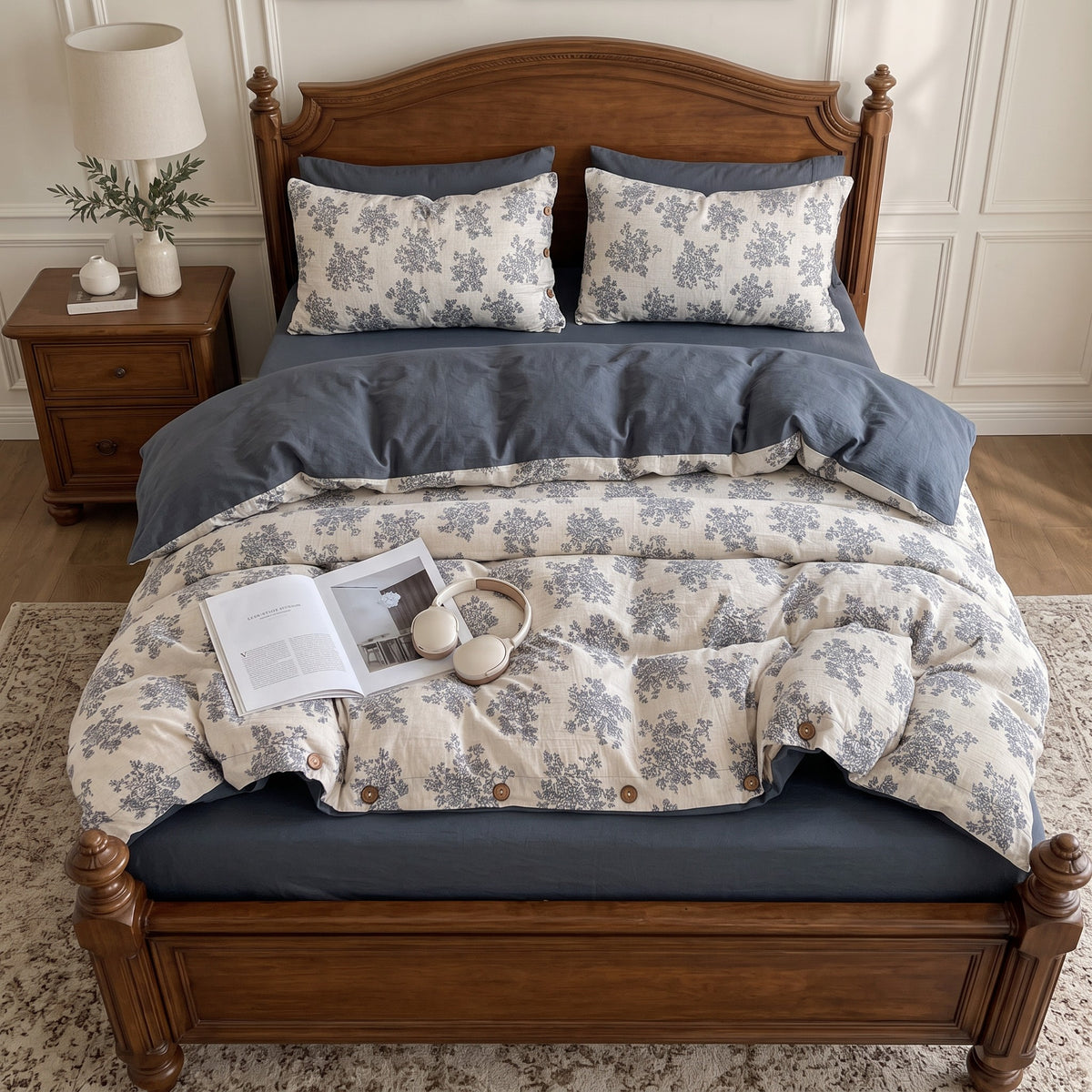 Dusty Blue Floral Duvet Cover Set – Cream Base Vintage Bedding with Pillowcases