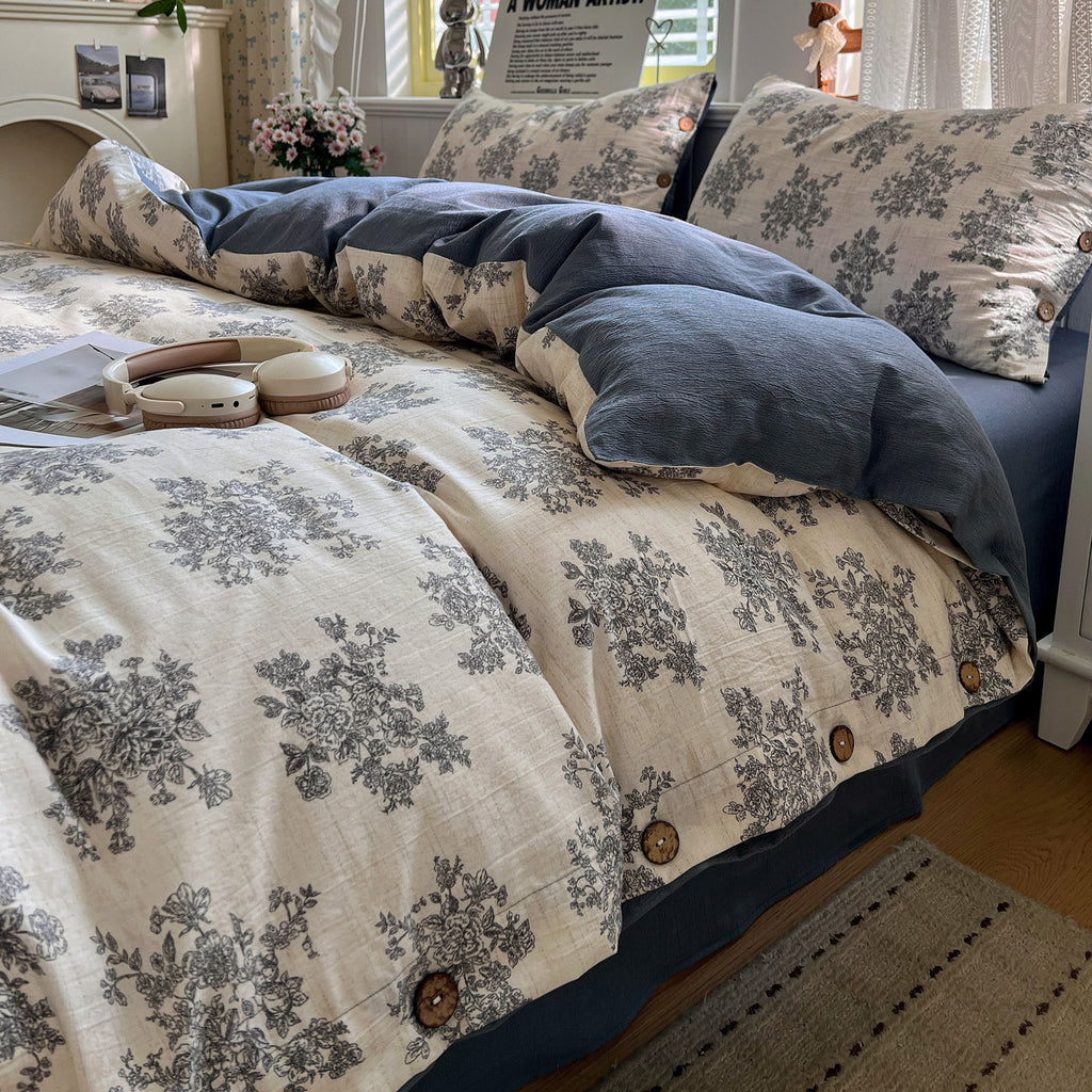 Dusty Blue Floral Duvet Cover Set – Cream Base Vintage Bedding with Pillowcases