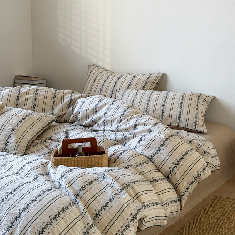 Cream White & Gray Stripe Duvet Cover Set – Modern Minimal Bedding with Pillowcases