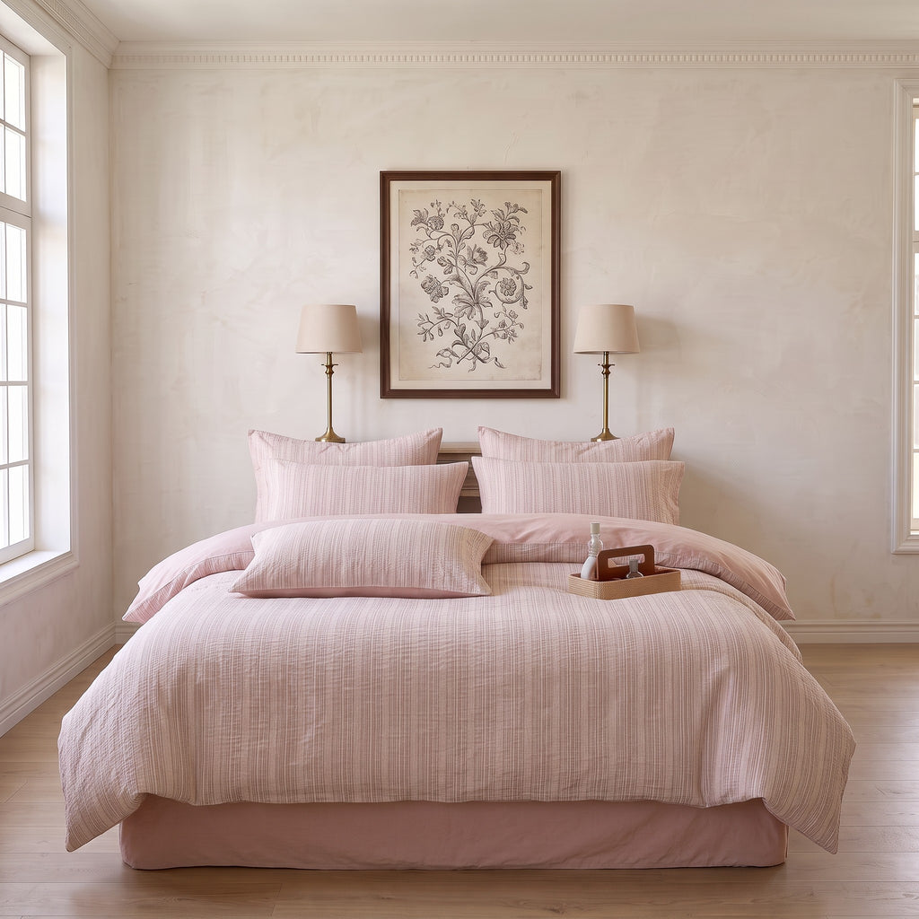 Soft Pink Stripe Duvet Cover Set – Romantic Minimal Bedding with Pillowcases