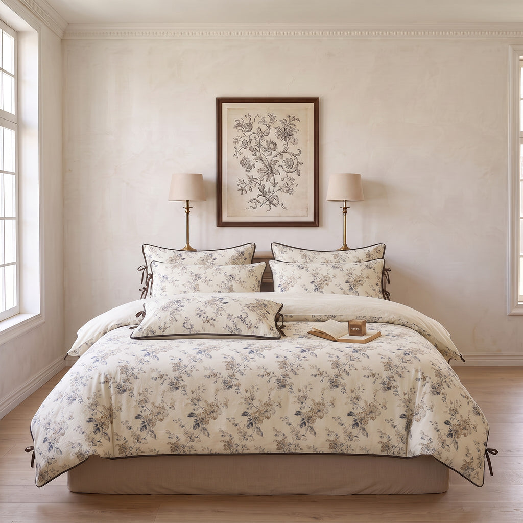 Blue & Brown Floral Duvet Cover Set – Cream Vintage Bedding with Pillowcases