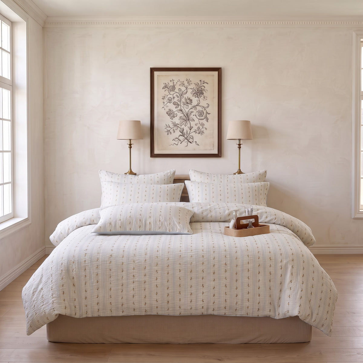 Light Blue Stripe & Gold Floral Duvet Cover Set – Cream Fresh Bedding with Pillowcases