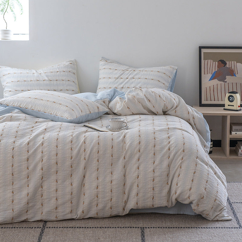 Light Blue Stripe & Gold Floral Duvet Cover Set – Cream Fresh Bedding with Pillowcases