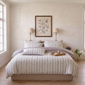 Gray Stripe Duvet Cover Set – Light Beige Bedding with Lavender Accents & Pillowcases