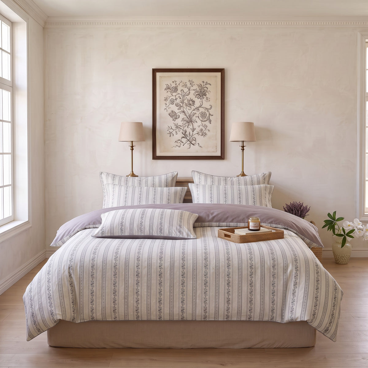 Gray Stripe Duvet Cover Set – Light Beige Bedding with Lavender Accents & Pillowcases