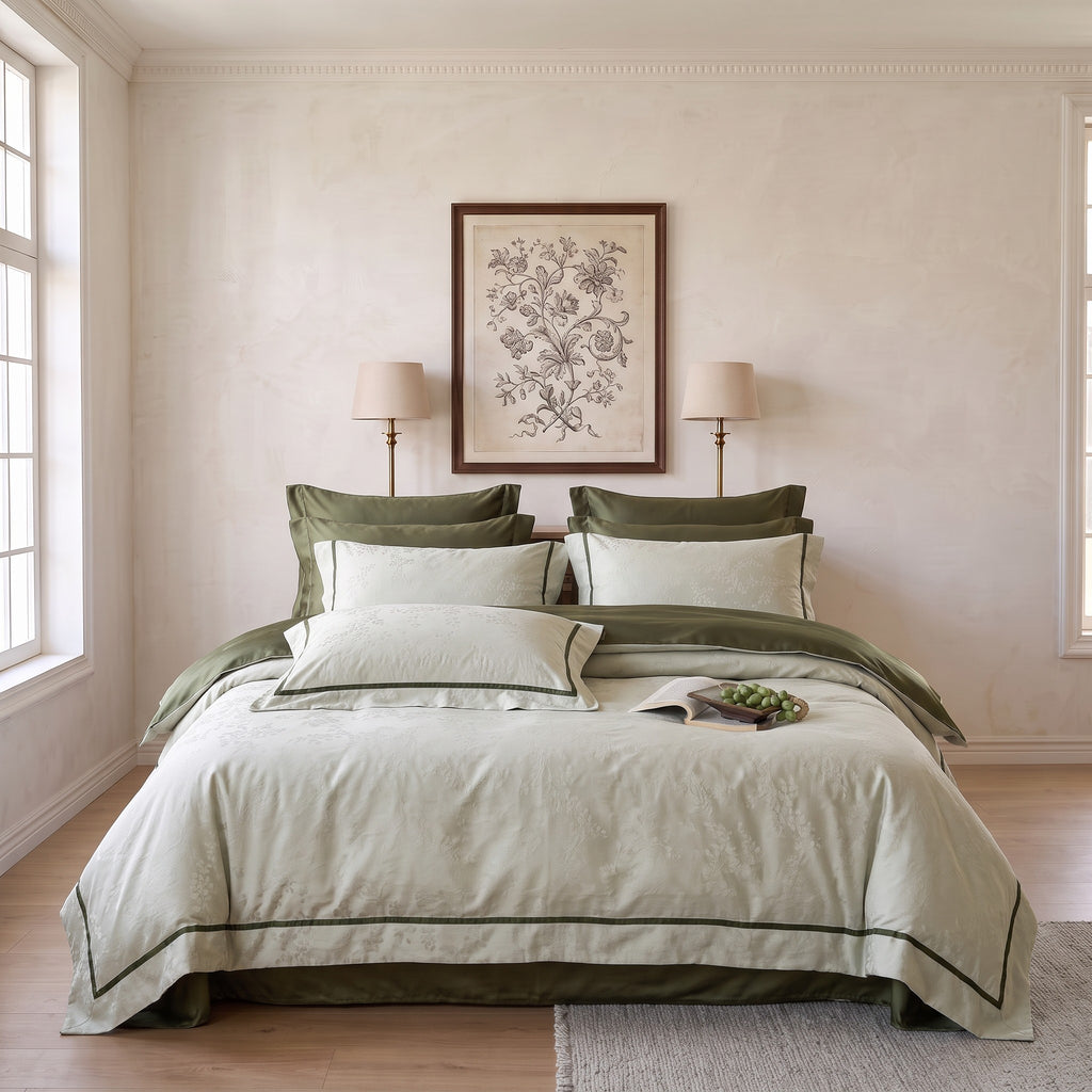 Beige Tonal Duvet Cover Set – Moss Green Trim Bedding with Pillowcases, Natural Elegance