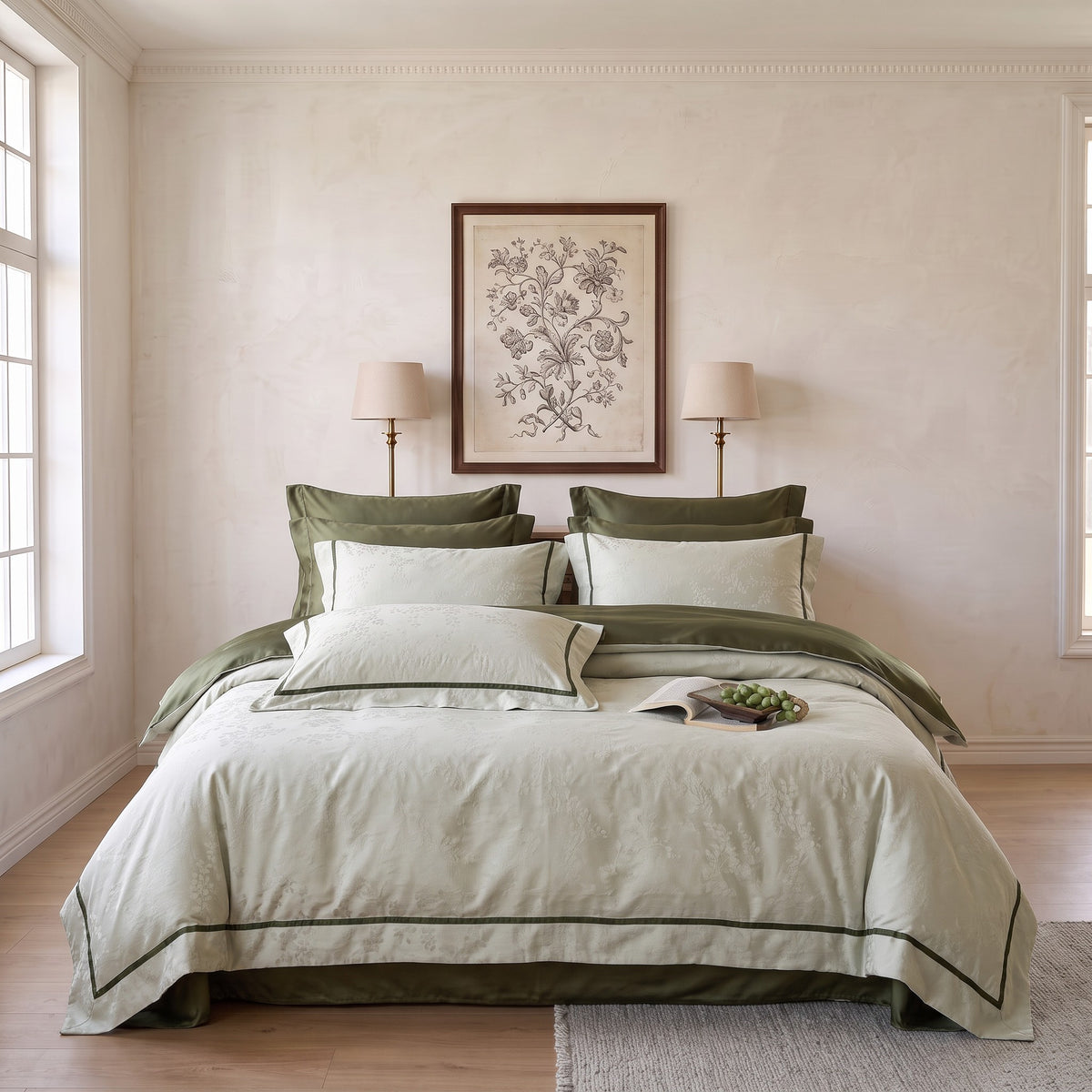 Beige Tonal Duvet Cover Set – Moss Green Trim Bedding with Pillowcases, Natural Elegance
