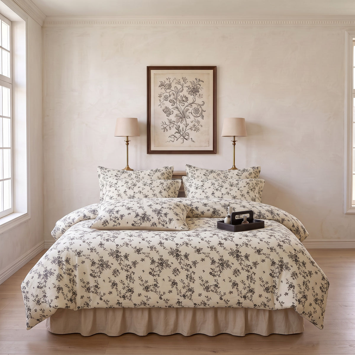 Gray Floral Duvet Cover Set – Cream Vintage Bedding with Pillowcases & Bed Skirt