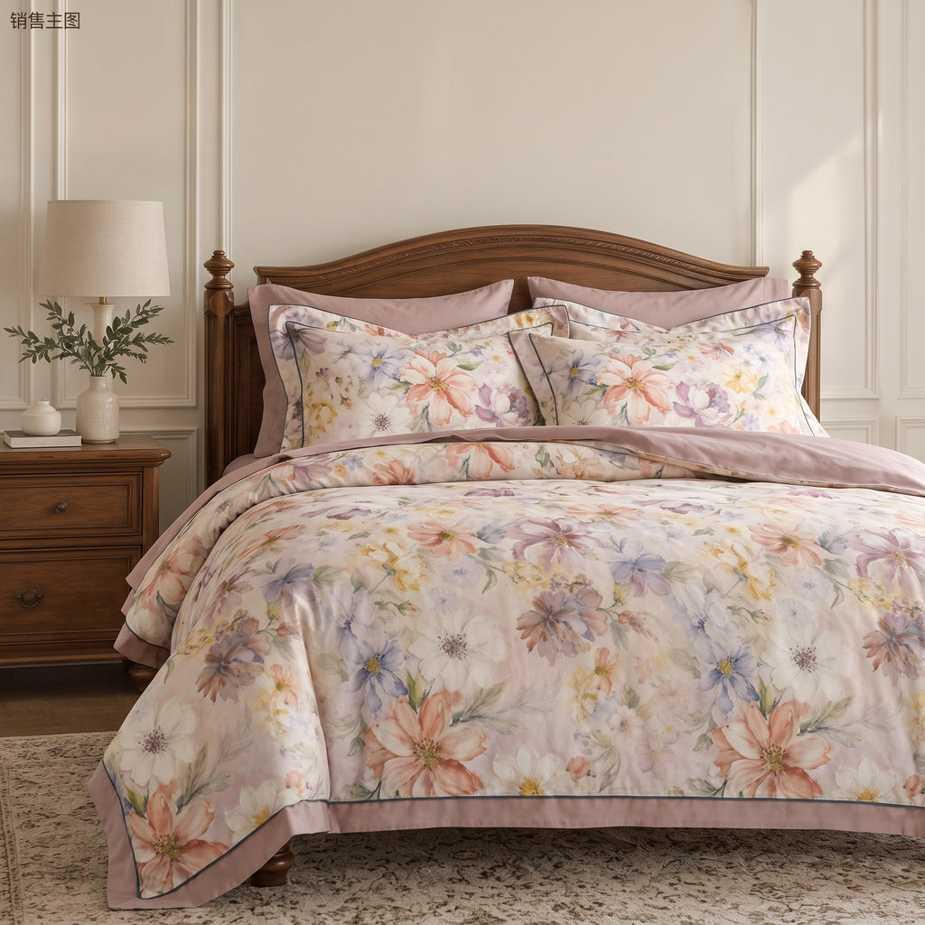 Soft Pink Watercolor Floral Duvet Cover Set – Romantic Multicolor Bedding with Pillowcases
