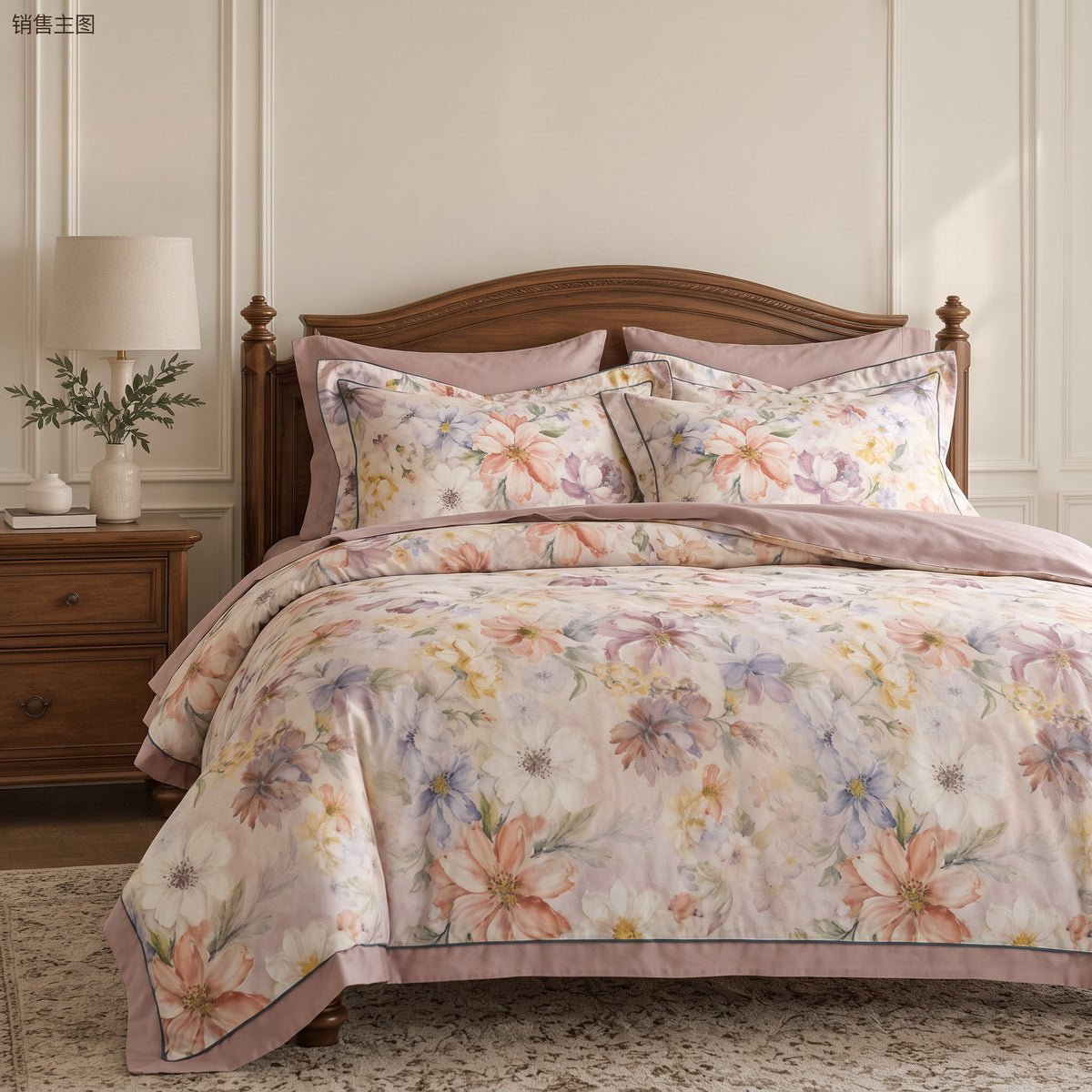Soft Pink Watercolor Floral Duvet Cover Set – Romantic Multicolor Bedding with Pillowcases