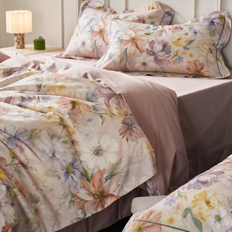 Soft Pink Watercolor Floral Duvet Cover Set – Romantic Multicolor Bedding with Pillowcases