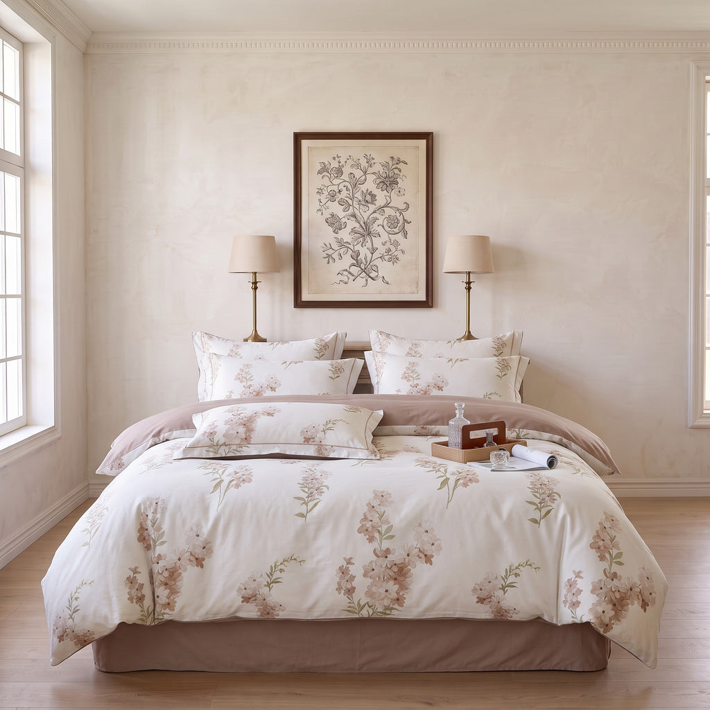 Pink Floral Duvet Cover Set – Cream Fresh Bedding with Pillowcases & Bed Skirt