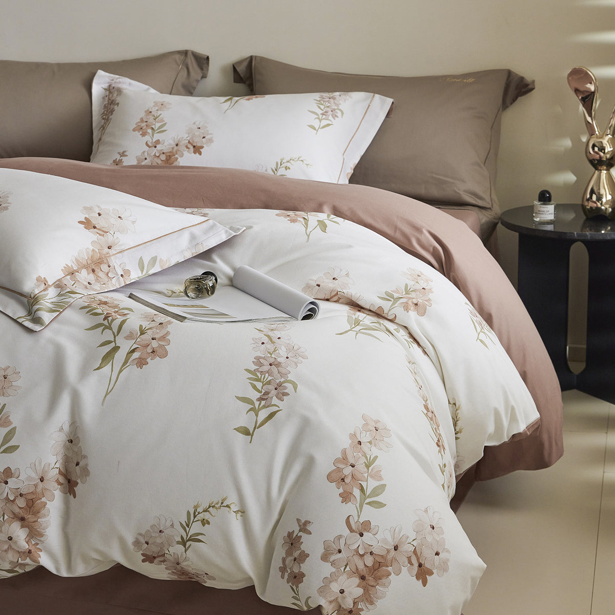 Pink Floral Duvet Cover Set – Cream Fresh Bedding with Pillowcases & Bed Skirt