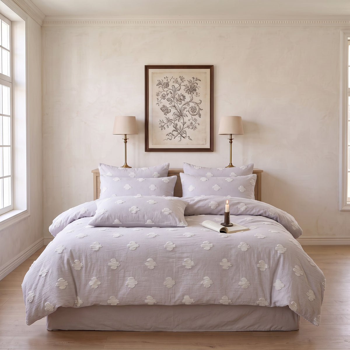Taro Purple Duvet Cover Set – White Textured Floral Bedding with Pillowcases, Dreamy Style