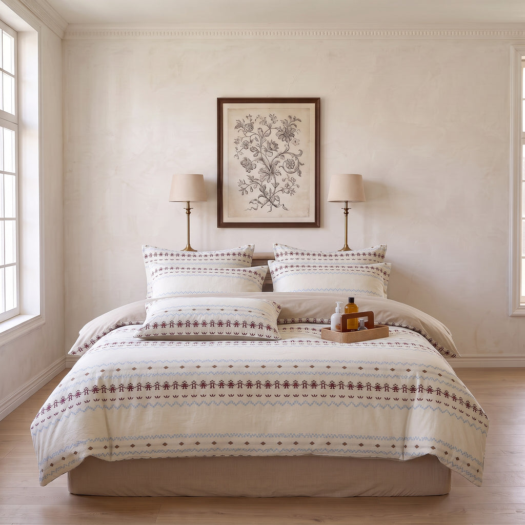 Bohemian Geometric Duvet Cover Set – Cream Wine Red & Blue Bedding with Pillowcases