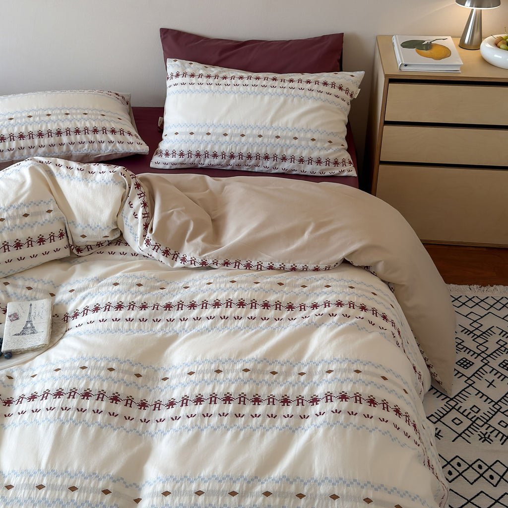 Bohemian Geometric Duvet Cover Set – Cream Wine Red & Blue Bedding with Pillowcases