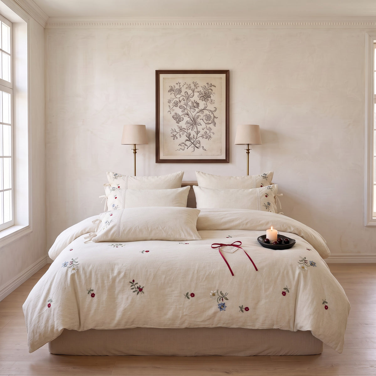 Embroidered Floral Duvet Cover Set – Cream White Bedding with Red & Blue Accents