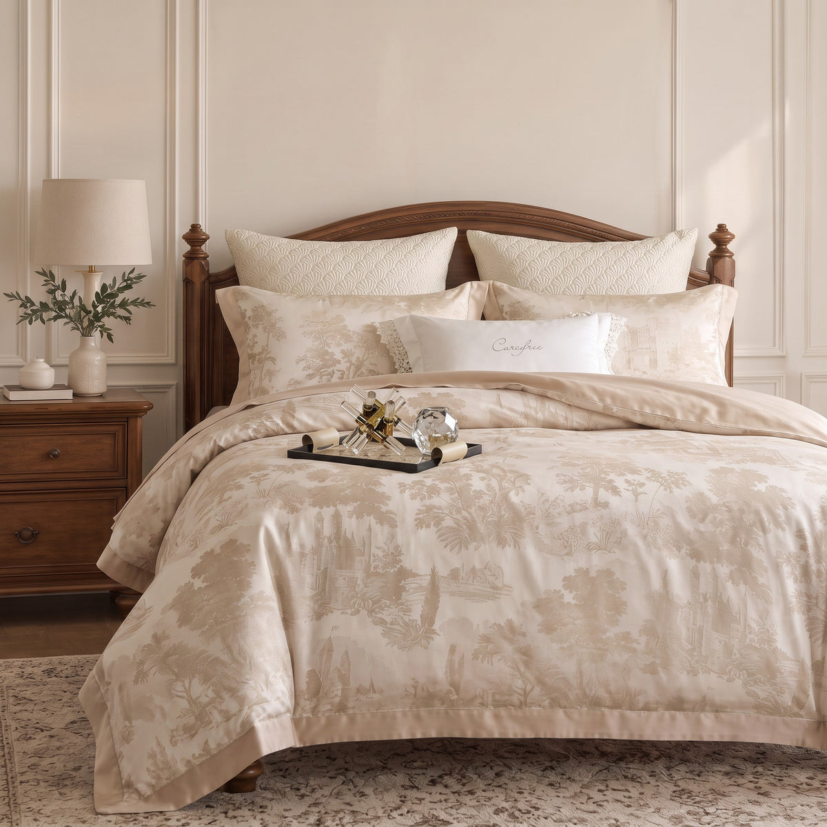 Beige European Garden Jacquard Duvet Cover Set – Luxury Classic Bedding with Pillowcases