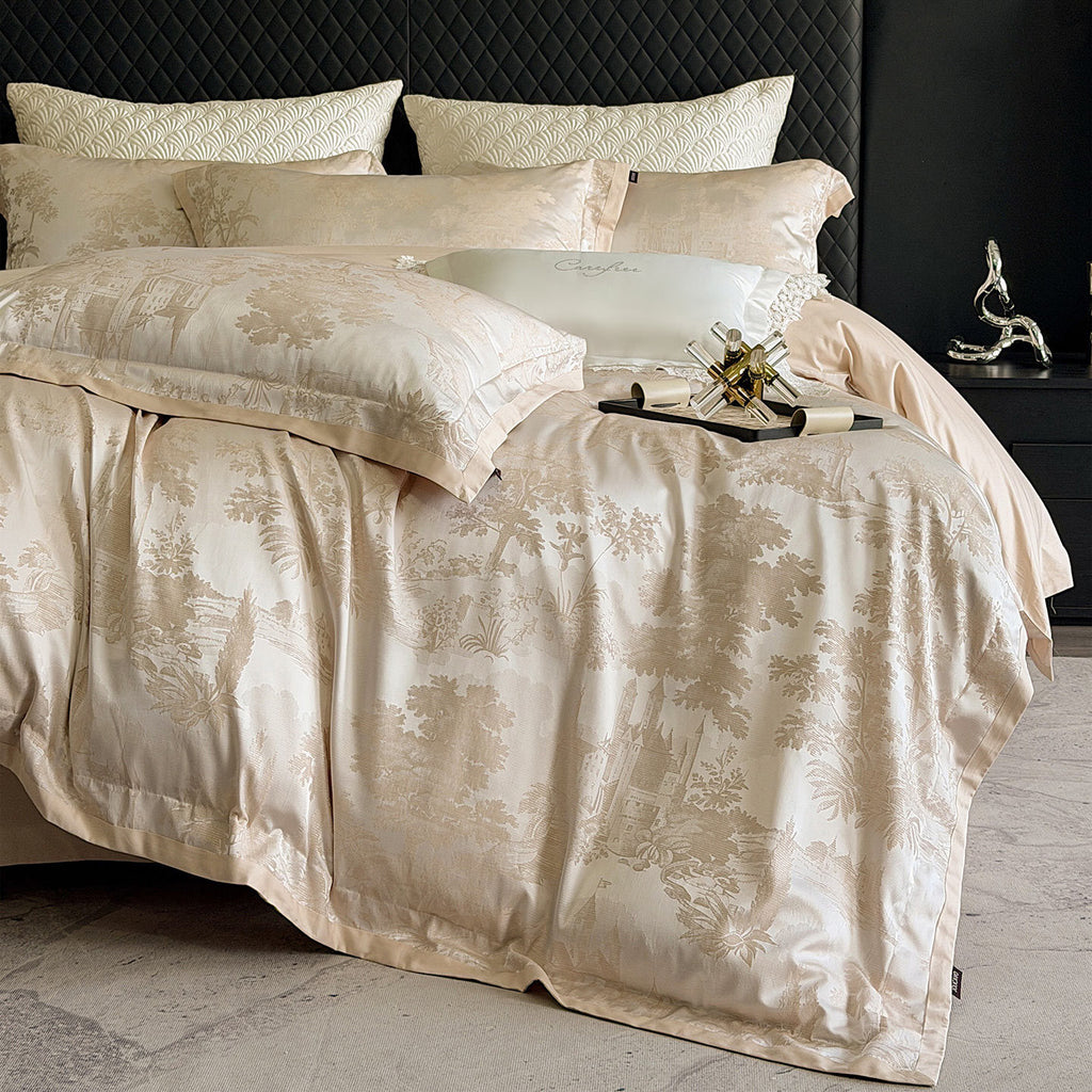 Beige European Garden Jacquard Duvet Cover Set – Luxury Classic Bedding with Pillowcases