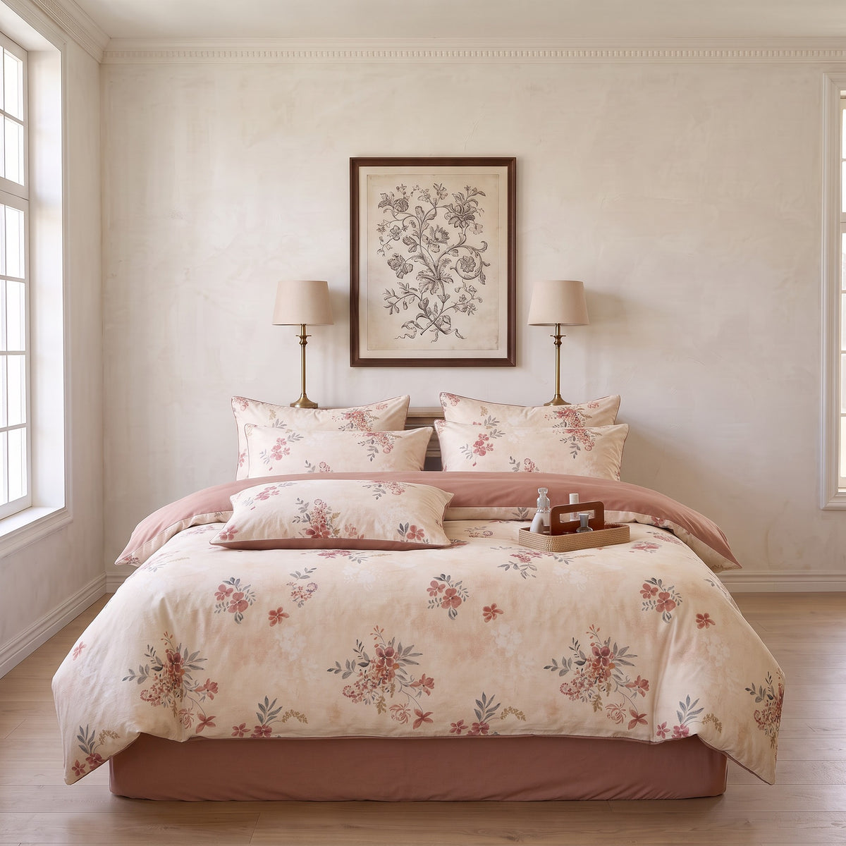 Pink Floral Botanical Duvet Cover Set – Beige Cottage Bedding with Pillowcases