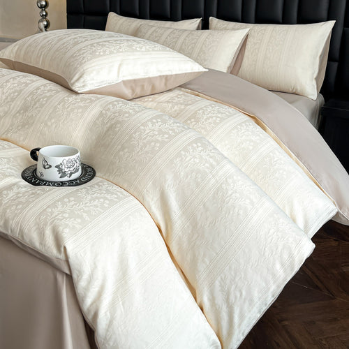 Cream Khaki Jacquard Duvet Cover Set – Warm American Classic Bedding with Pillowcases