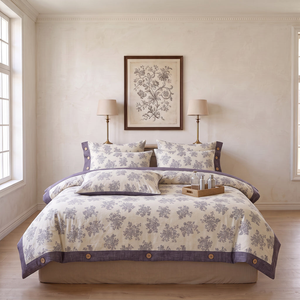 Purple Floral Duvet Cover Set – Cream Bedding with Button Details & Pillowcases