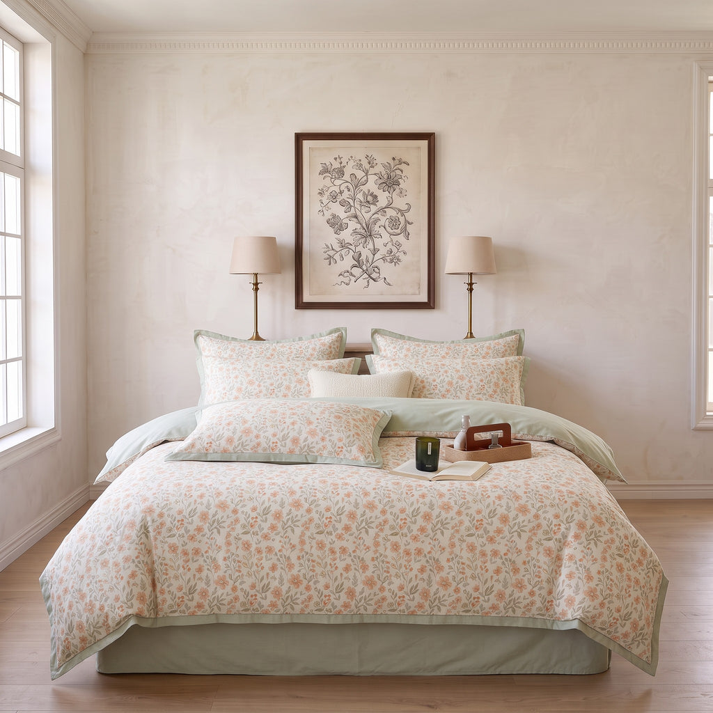 Orange Floral Duvet Cover Set – Cream Bedding with Mint Green Trim & Pillowcases