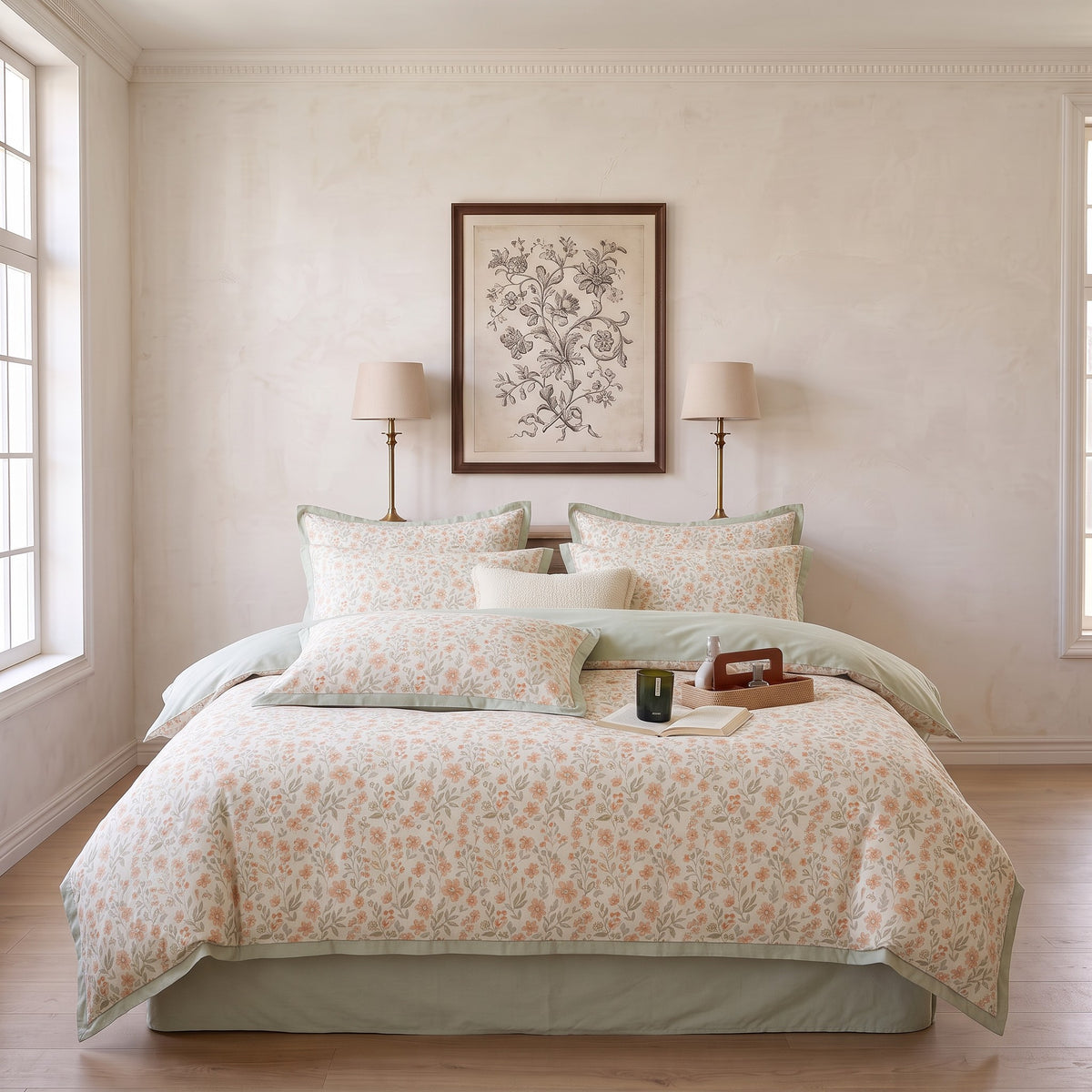 Orange Floral Duvet Cover Set – Cream Bedding with Mint Green Trim & Pillowcases