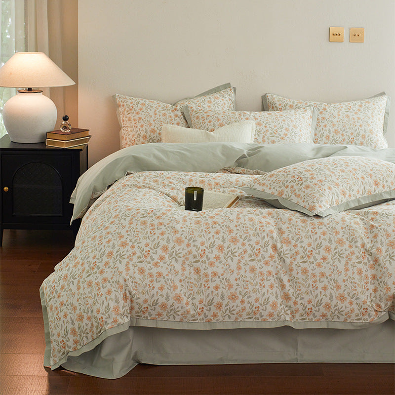 Orange Floral Duvet Cover Set – Cream Bedding with Mint Green Trim & Pillowcases