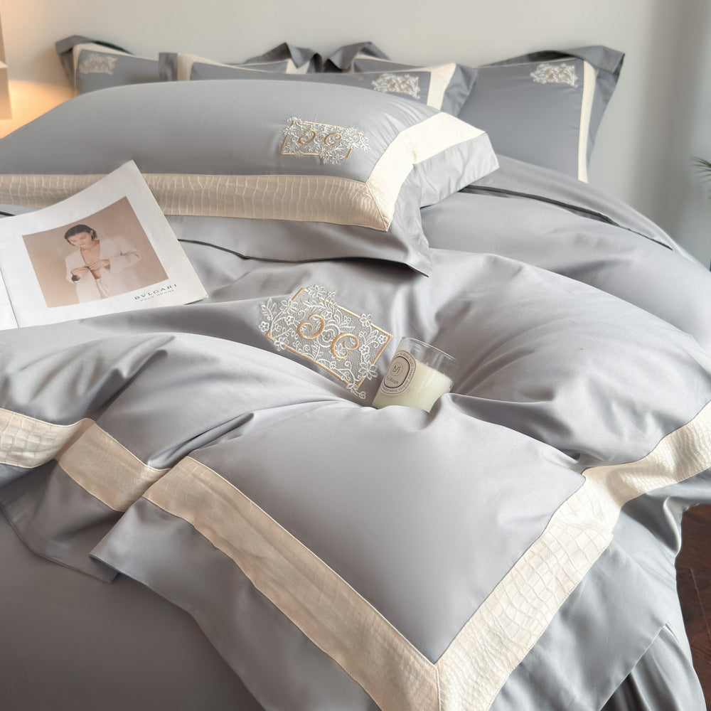 Light Gray Embroidered Duvet Cover Set – Cream Piping Bedding with Pillowcases