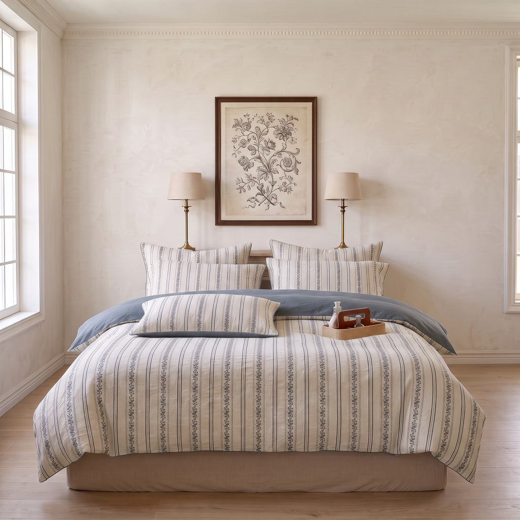 Gray Stripe Duvet Cover Set – Cream Bedding with Pillowcases & Bed Skirt