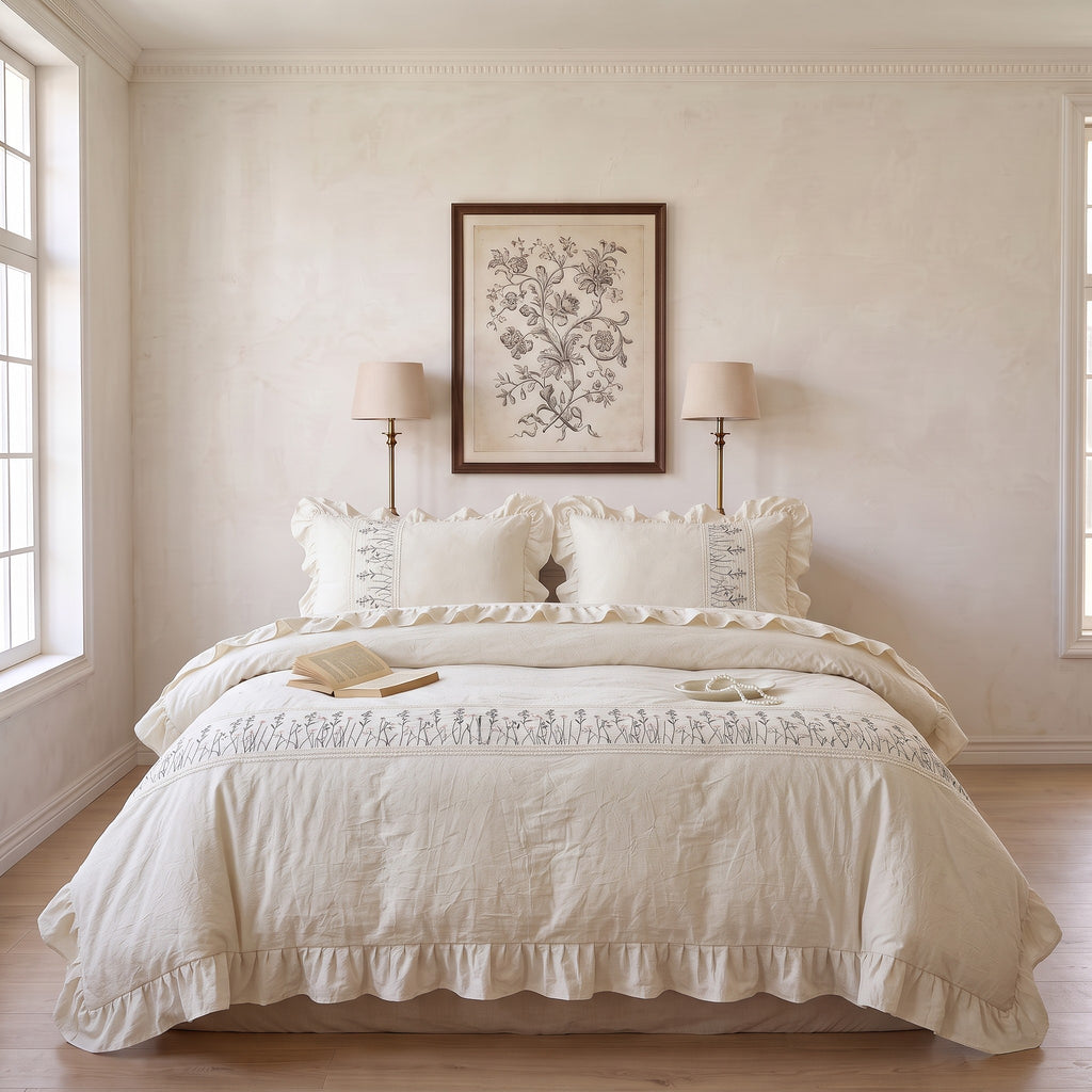 Cream Ruffled Embroidered Duvet Cover Set – Fresh Cottage Bedding with Pillowcases