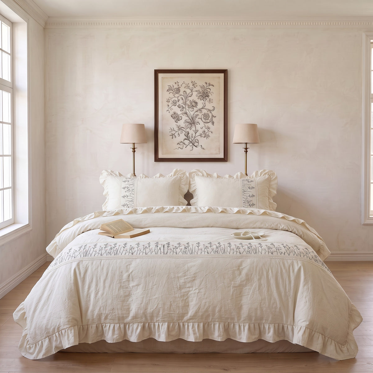 Cream Ruffled Embroidered Duvet Cover Set – Fresh Cottage Bedding with Pillowcases