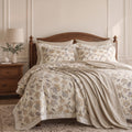 Blue & Brown Floral Duvet Cover Set – Cream Vintage Bedding with Pillowcases & Throw
