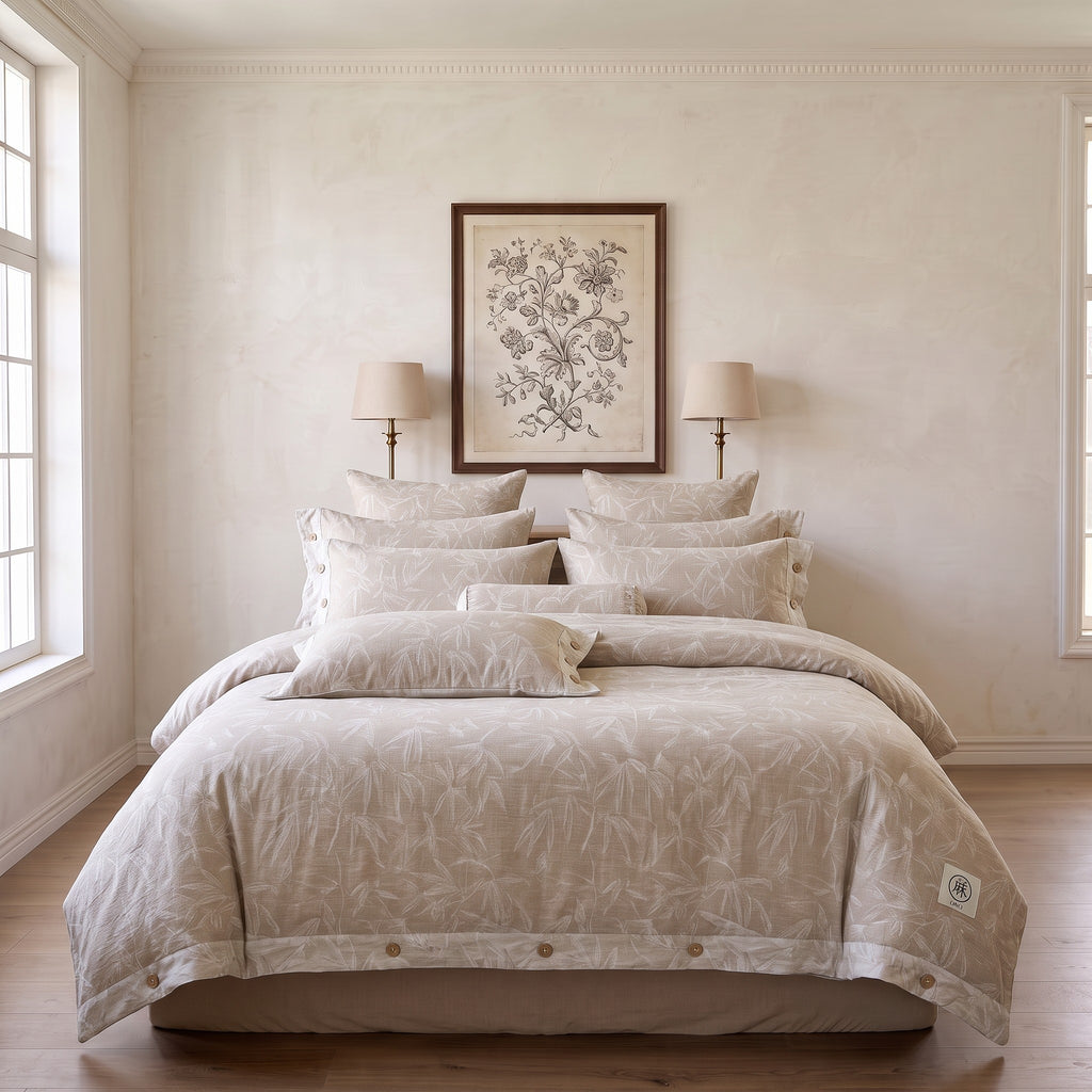 Natural Linen Duvet Cover Set – Beige Bamboo Leaf Pattern Bedding with Pillowcases