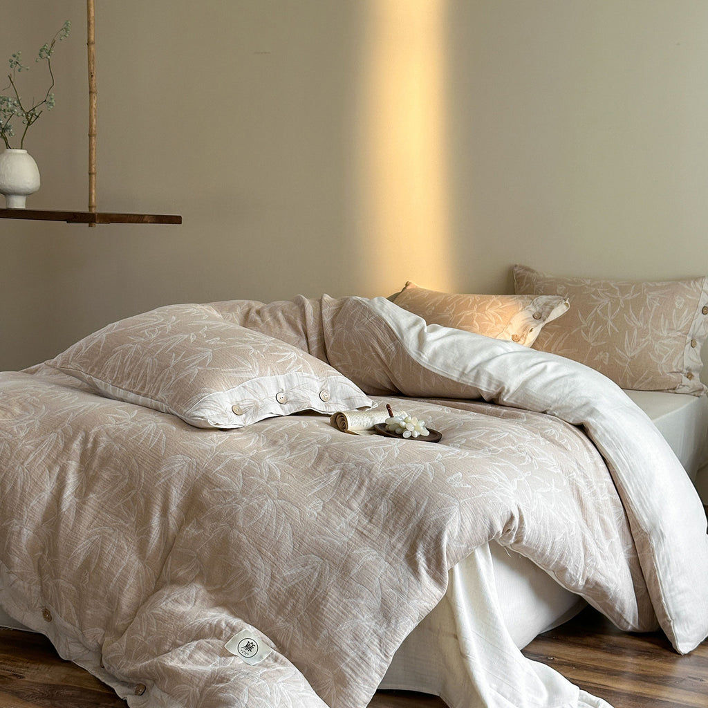 Natural Linen Duvet Cover Set – Beige Bamboo Leaf Pattern Bedding with Pillowcases