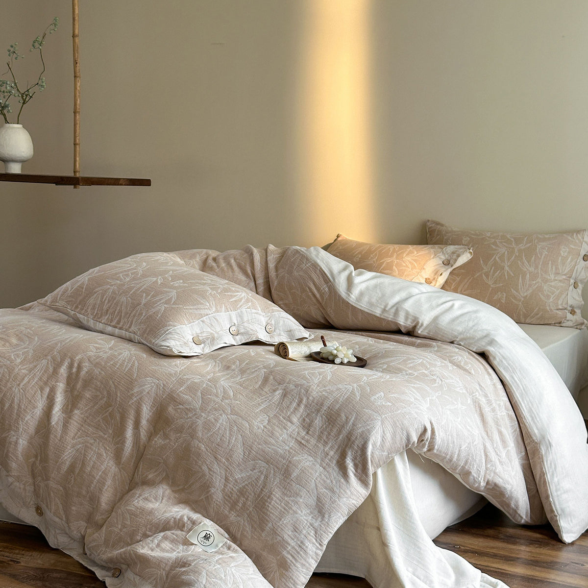 Natural Linen Duvet Cover Set – Beige Bamboo Leaf Pattern Bedding with Pillowcases